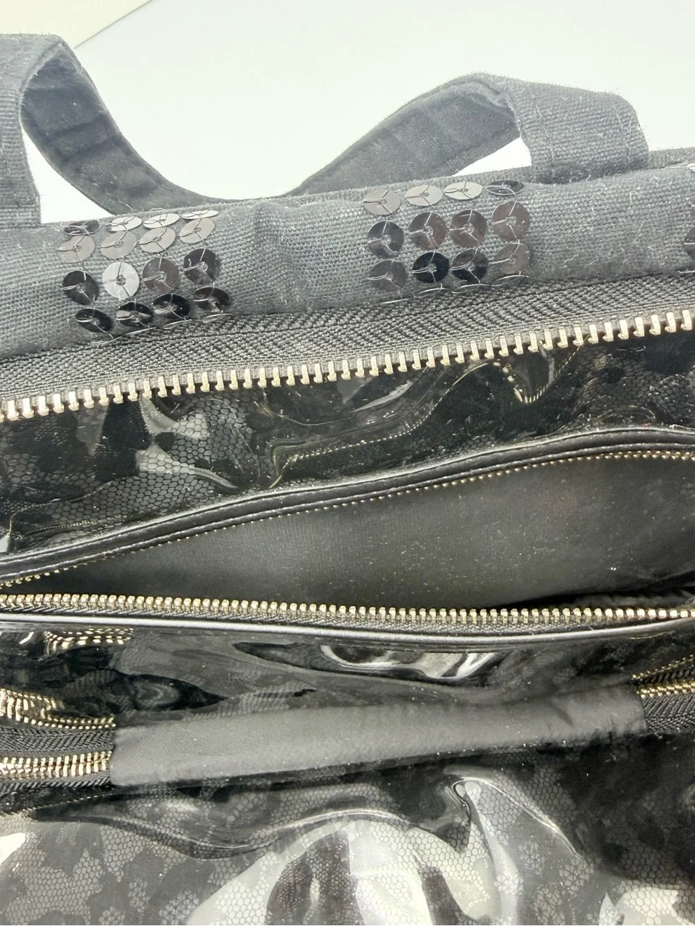 Victoria's Secret Black Canvas Sequin Stripe Double Handle Zip Toiletry Bag